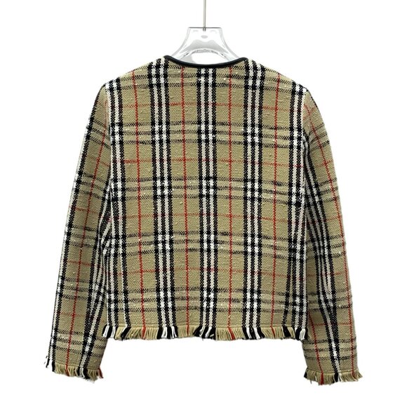 Burberry Plaid Tweed Jacket With Fringe Hem & Gold Buttons Womens Size S - Picture 2 of 8